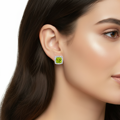 Peridot Cushion Halo Earrings