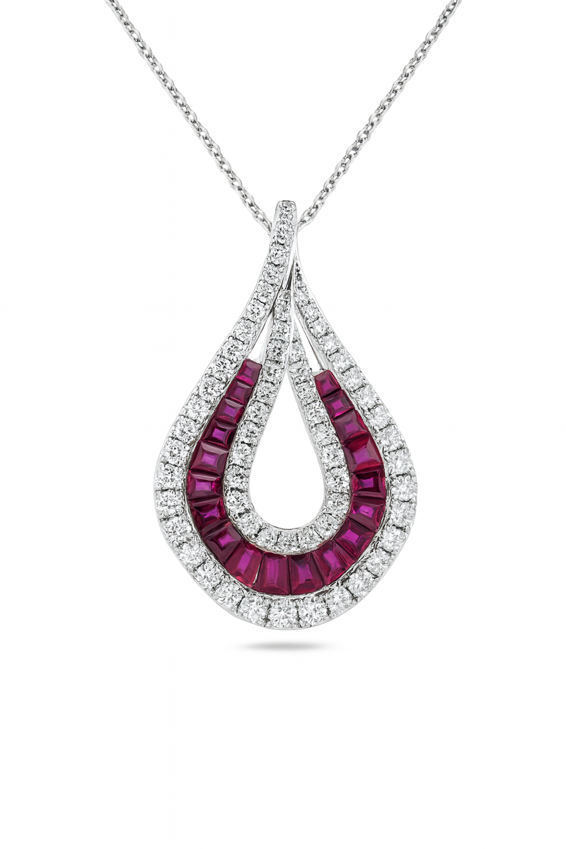 Baguette Ruby and Diamond Drop Pendant