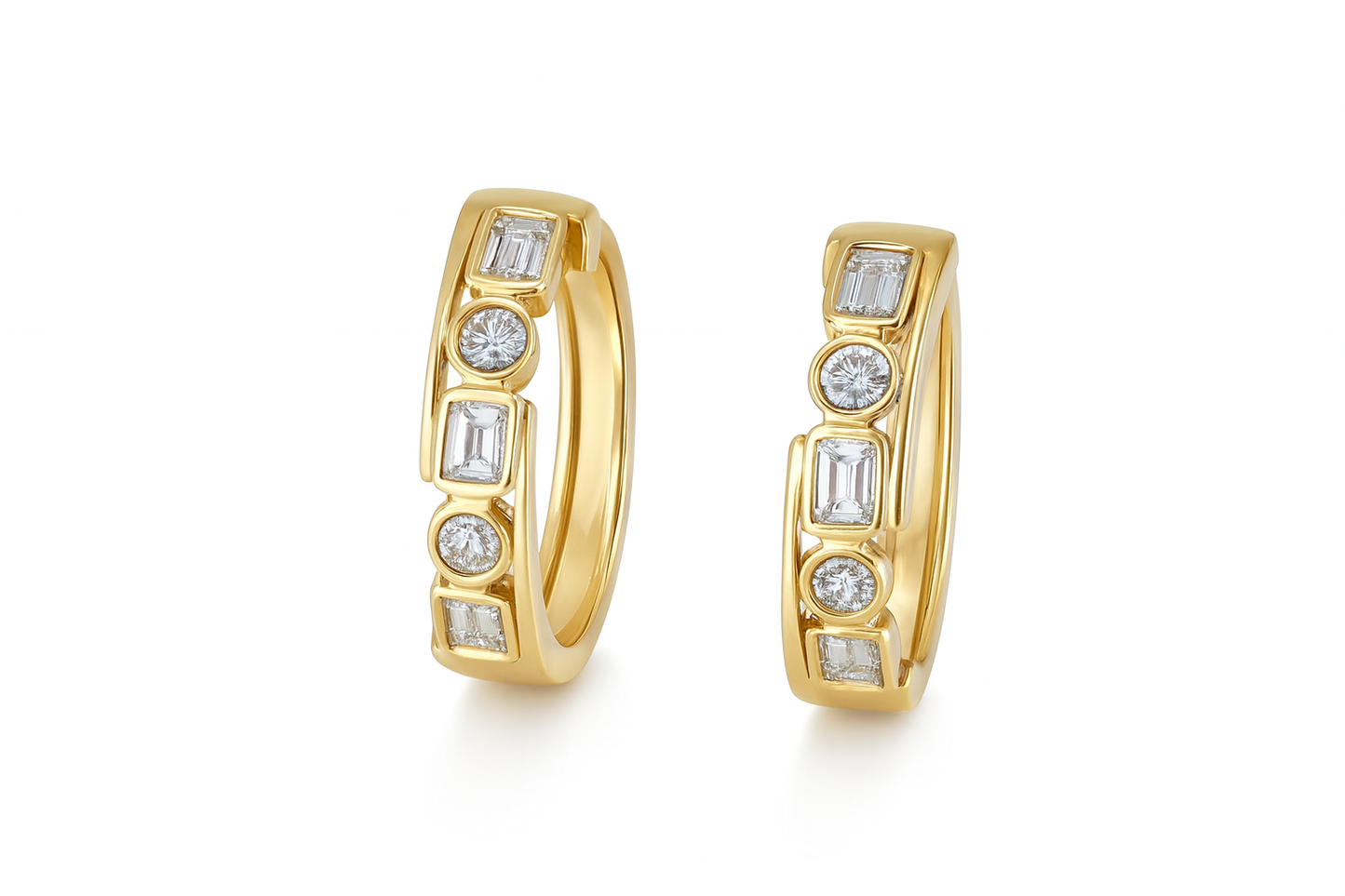 Bezel Baguette and Round Diamond Hoops