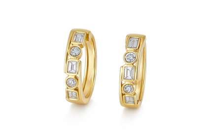Bezel Baguette and Round Diamond Hoops
