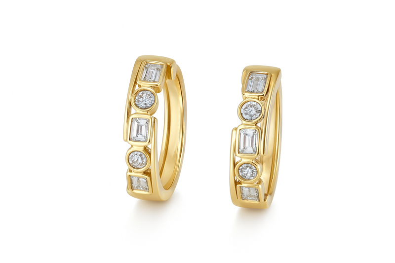 Bezel Baguette and Round Diamond Hoops